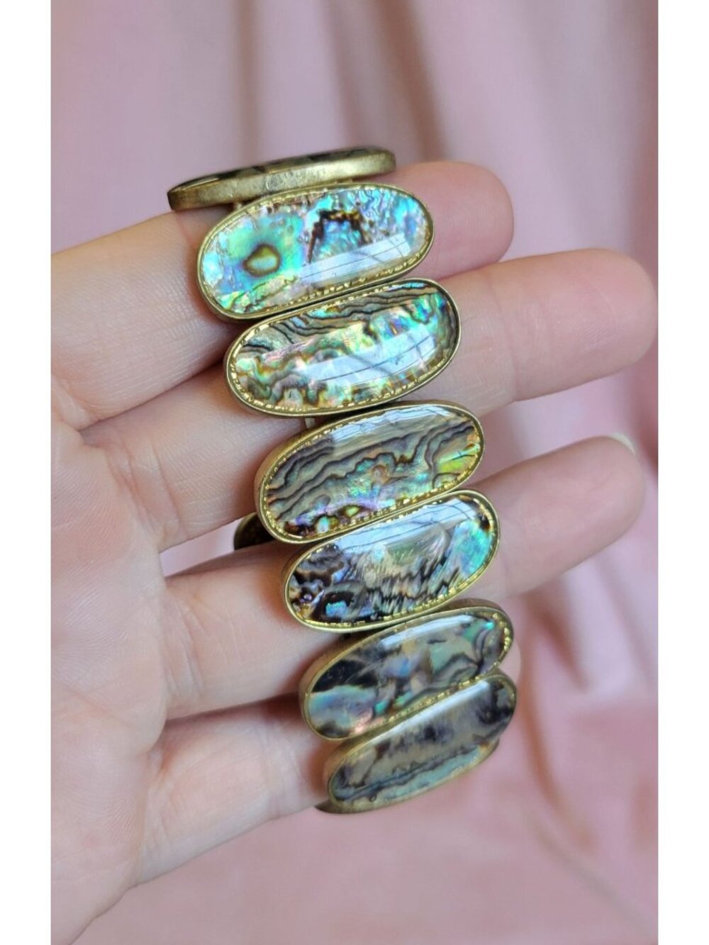 Signed Rosa Flores Gold Tone Blue Abalone Shell Stretchy Statement Bracelet B1A